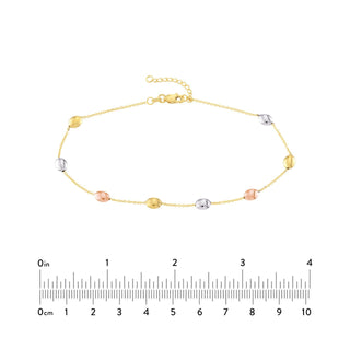 14kt Tri-Color Gold Satin and Polished Bead Adjustable Anklet 10" Long, Gift For Her, Handmade Jewelry, Anklets For Women