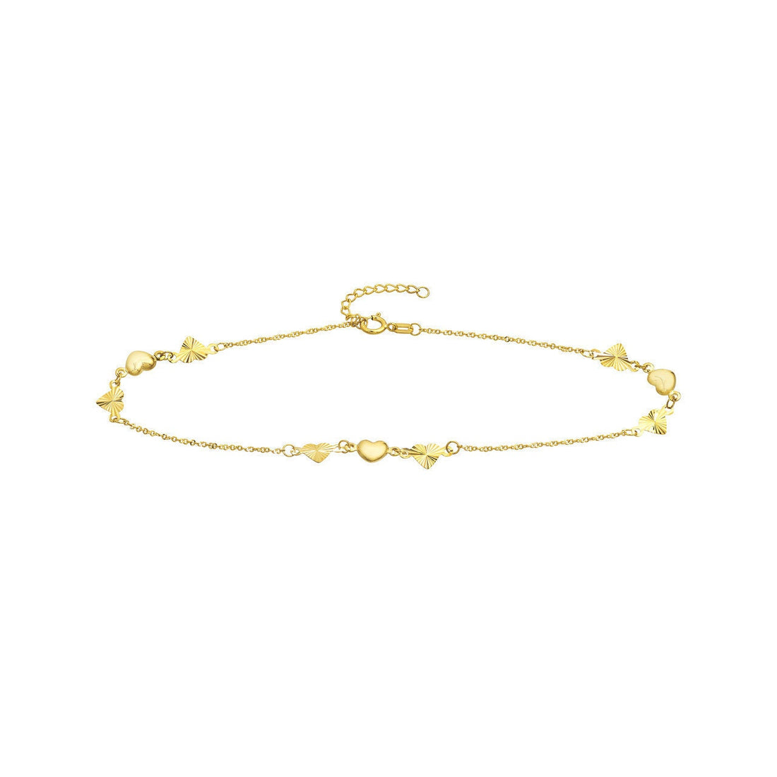 14K Yellow Gold Polished and Fluted Hearts Adjustable Anklet 10" Long, Gift For Her, Handmade Jewelry, Anklets For Women