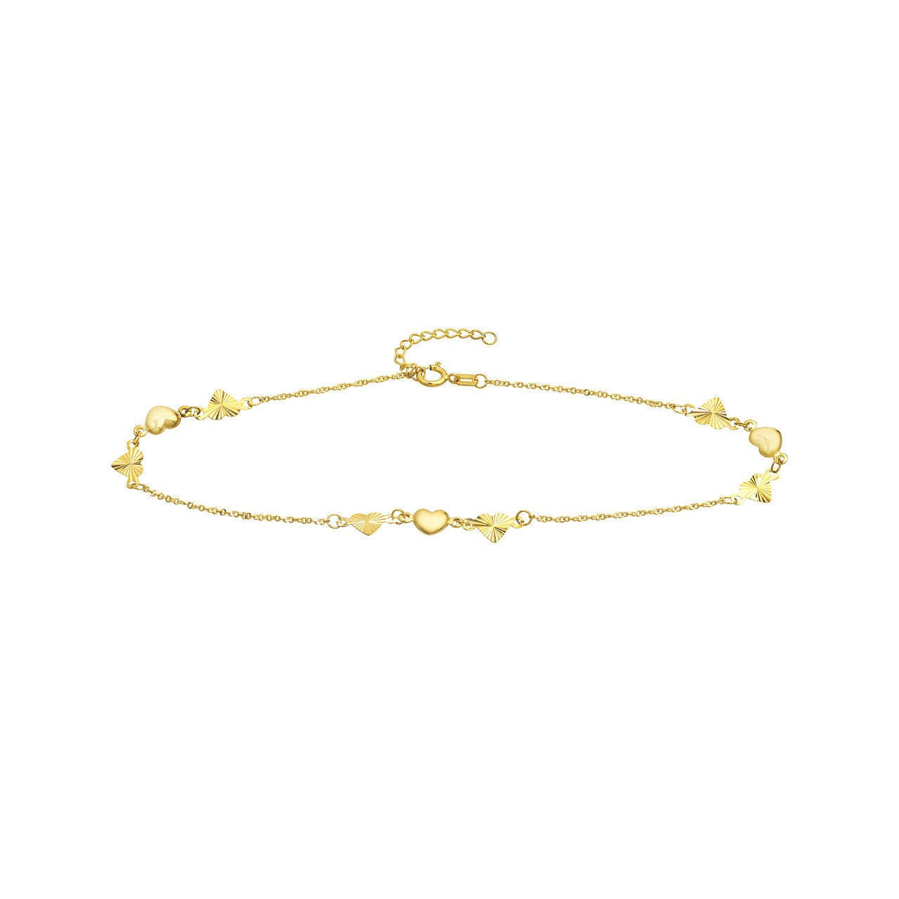 14K Yellow Gold Polished and Fluted Hearts Adjustable Anklet 10" Long, Gift For Her, Handmade Jewelry, Anklets For Women