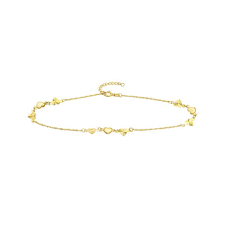 14K Yellow Gold Polished and Fluted Hearts Adjustable Anklet 10" Long, Gift For Her, Handmade Jewelry, Anklets For Women