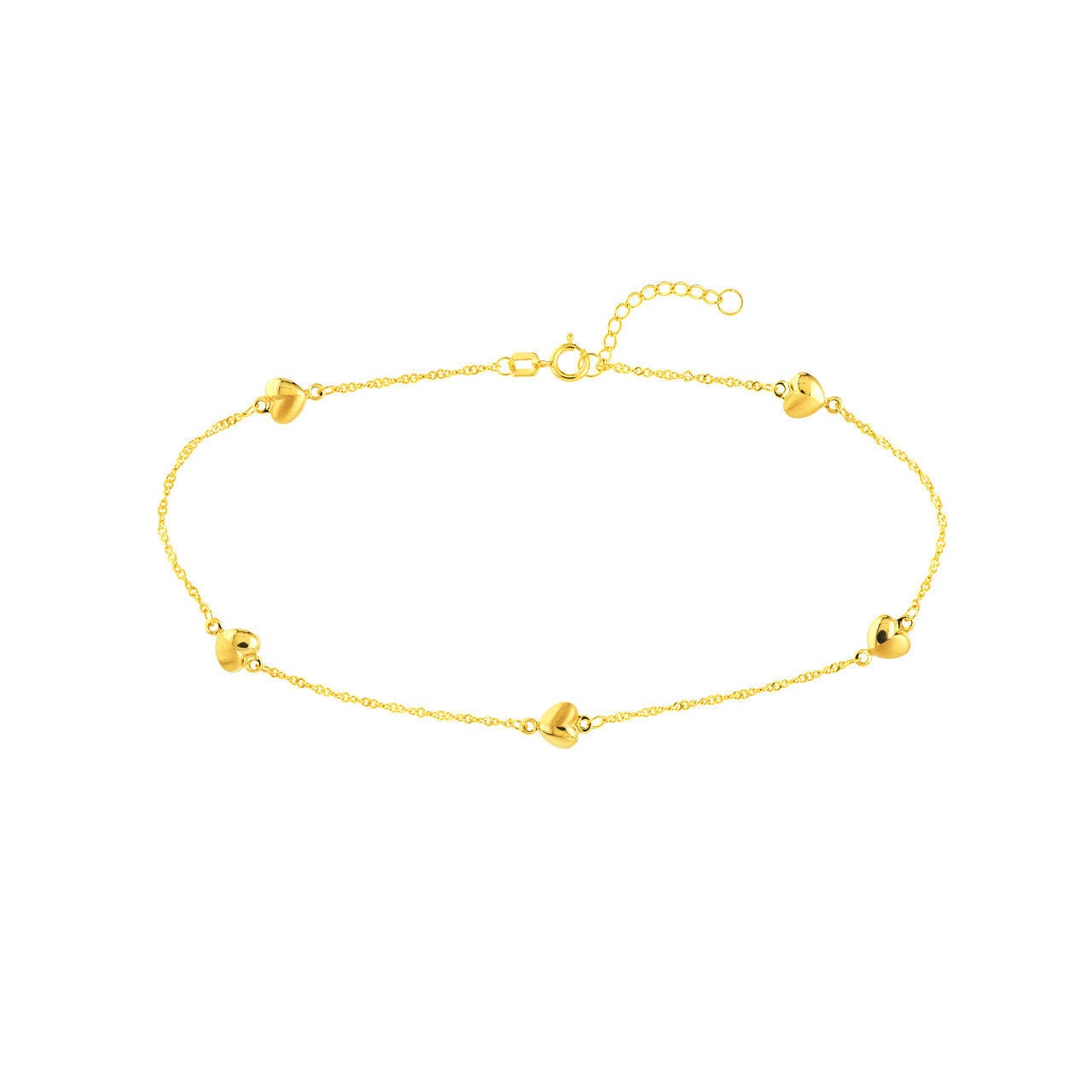 14K Yellow Gold Puff Hearts on Piatto Chain Adjustable Anklet,10" Long, Gift For Her, Handmade Jewelry, Anklets For Women