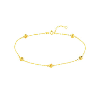 14K Yellow Gold Puff Hearts on Piatto Chain Adjustable Anklet,10" Long, Gift For Her, Handmade Jewelry, Anklets For Women