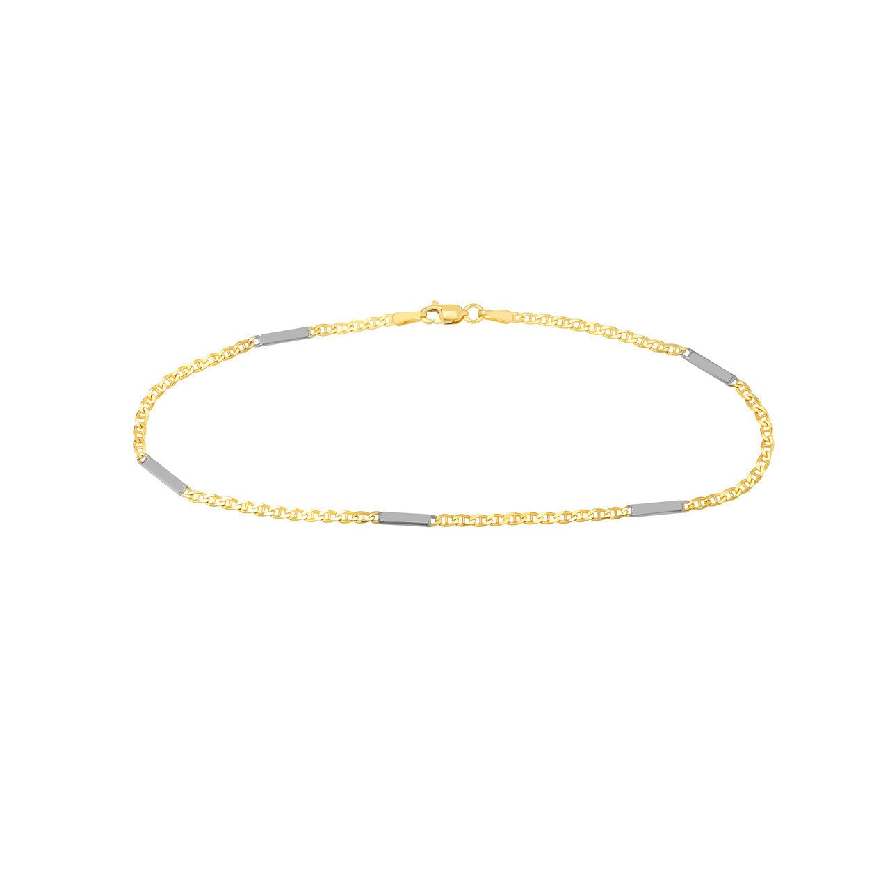 14kt Two-Tone Gold 2.2mm Mariner Chain Anklet with Staple Bars 9.5"Long, Gift For Her, Handmade Jewelry, Anklets For Women