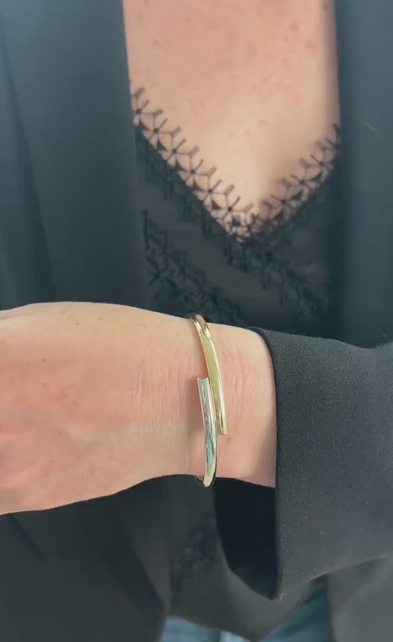 14K Two Tone Bypass Bangle, Yellow/White Gold Crossover, Minimalist Jewelry