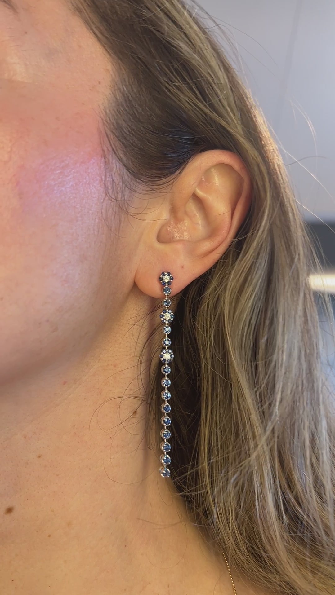 14K White Gold Sapphire Drop Earrings, 3", Blue Sapphires, Secure Closure