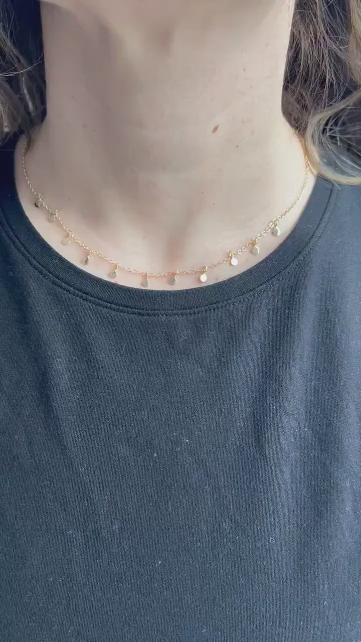14K Yellow Gold Circle Dangle Choker Necklace, 16" w/ 2" ext, Real Gold, Women