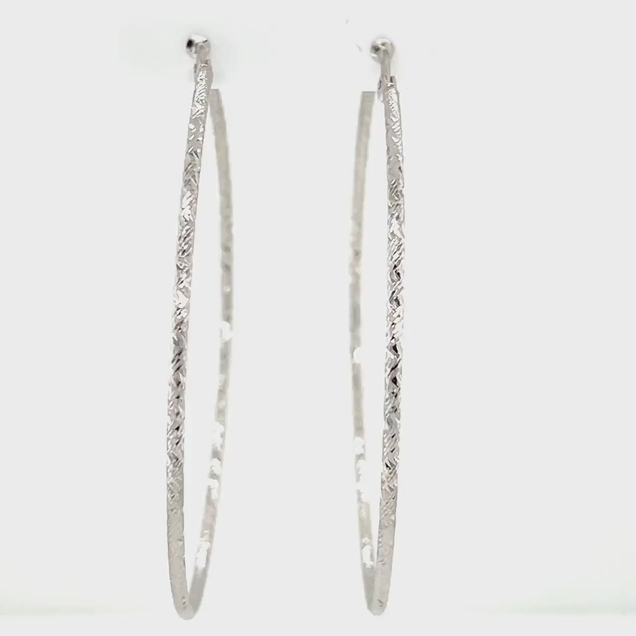 14K White Gold 50mm Round Diamond Cut Hoop Earrings, 1.5mm Thick, Textured Hoops, Large Hoops, Women Hoop Earrings