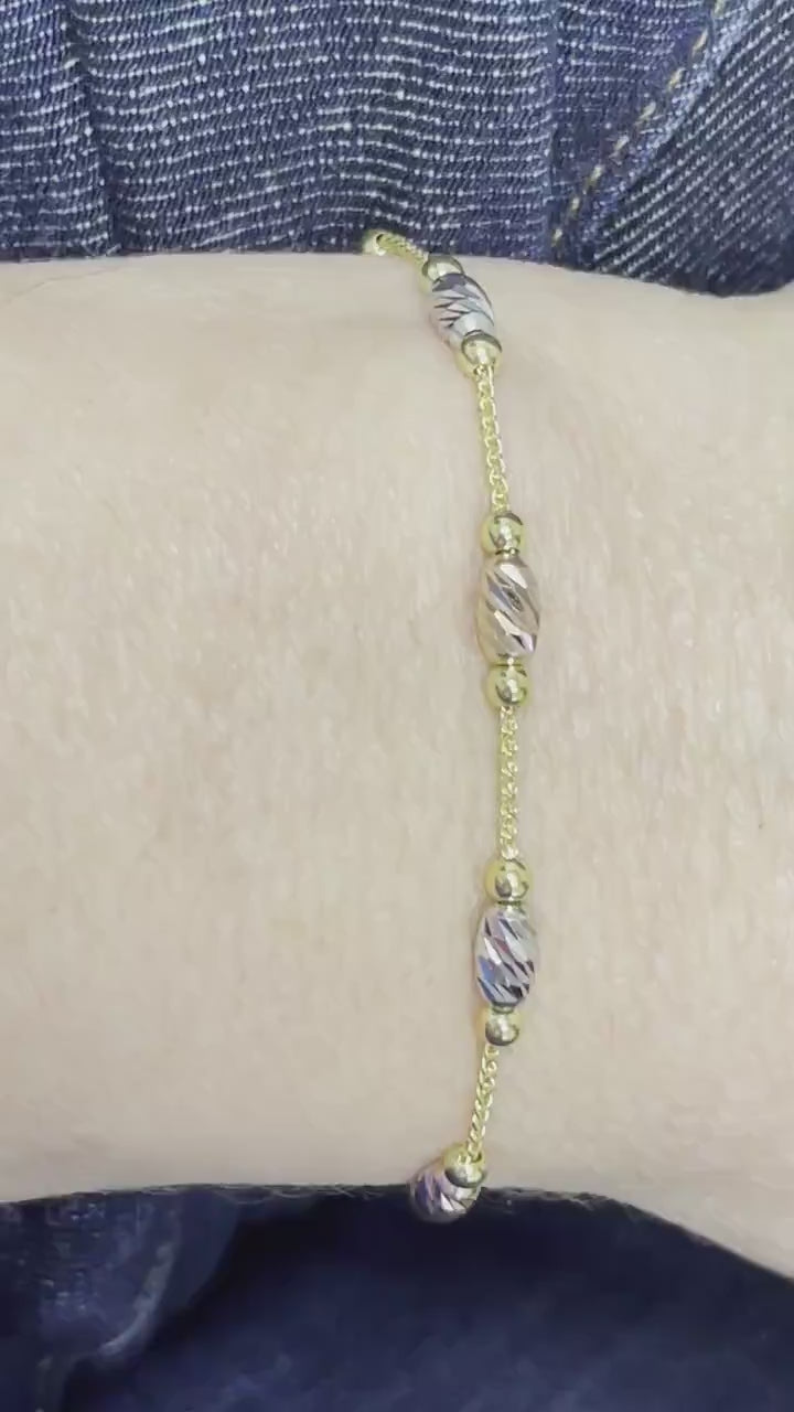 14K Tri-color Gold 9.25 inch Adjustable Polished Bead Friendship Bracelet, Yellow White Rose Gold, Real Gold Bracelet, Women