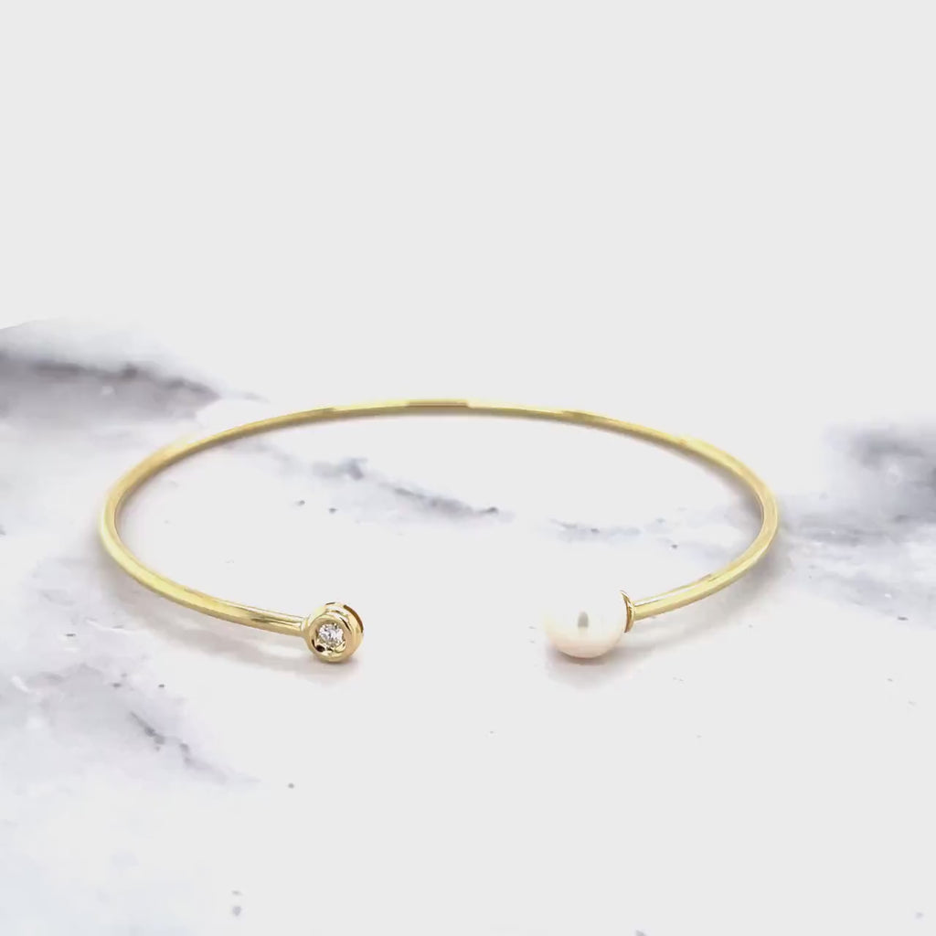 14K Yellow Gold 7mm Freshwater Pearl and Diamond, Open Cuff Bangle Bracelet, Real Gold, Earth Mined Diamond, Women