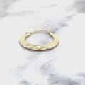 14K Yellow Gold Lite 20mm Milgrain Detail Twist Hoop Earrings with Hinged Closure, Crescent Hoops, Real Gold Earrings