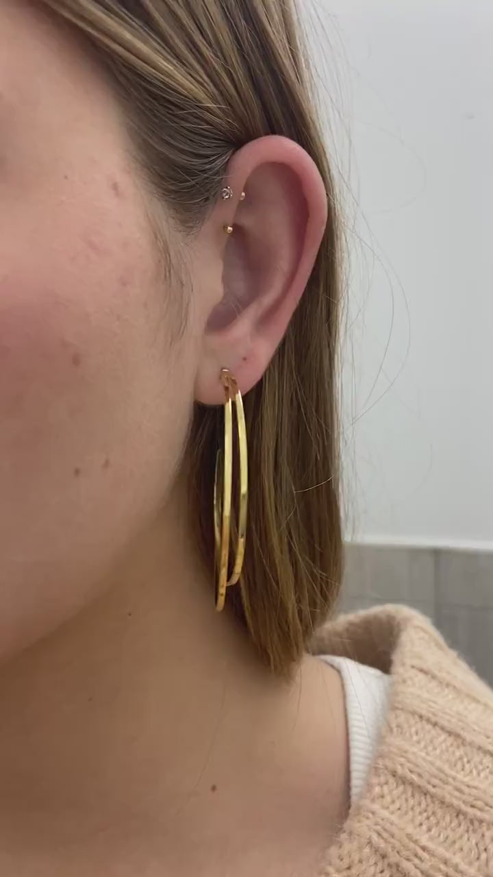 14K Yellow Gold Large Polished Double Row C-Hoop Earring with Push Back Clasp, Hoop Earrings, Real Gold Earrings, Women