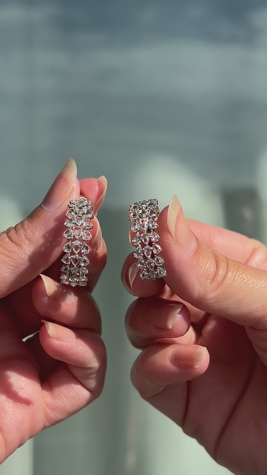 14K White Gold Rose Cut Pear Shape Diamond Cluster C - Hoop Earrings- 3.21 CTW