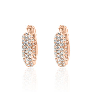 Pave Set Triple Row Diamond Huggie Hoop Earrings In 14K Gold