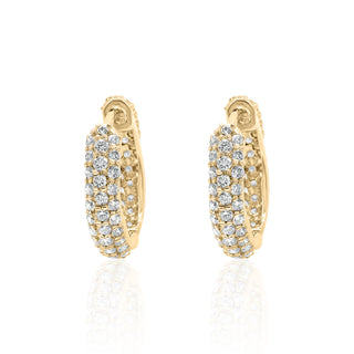 Pave Set Triple Row Diamond Huggie Hoop Earrings In 14K Gold