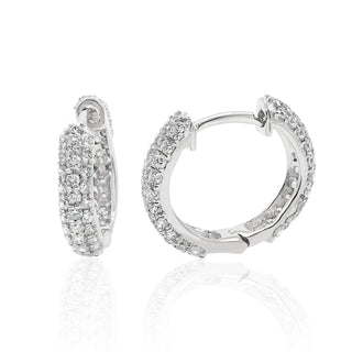 Pave Set Triple Row Diamond Huggie Hoop Earrings In 14K Gold