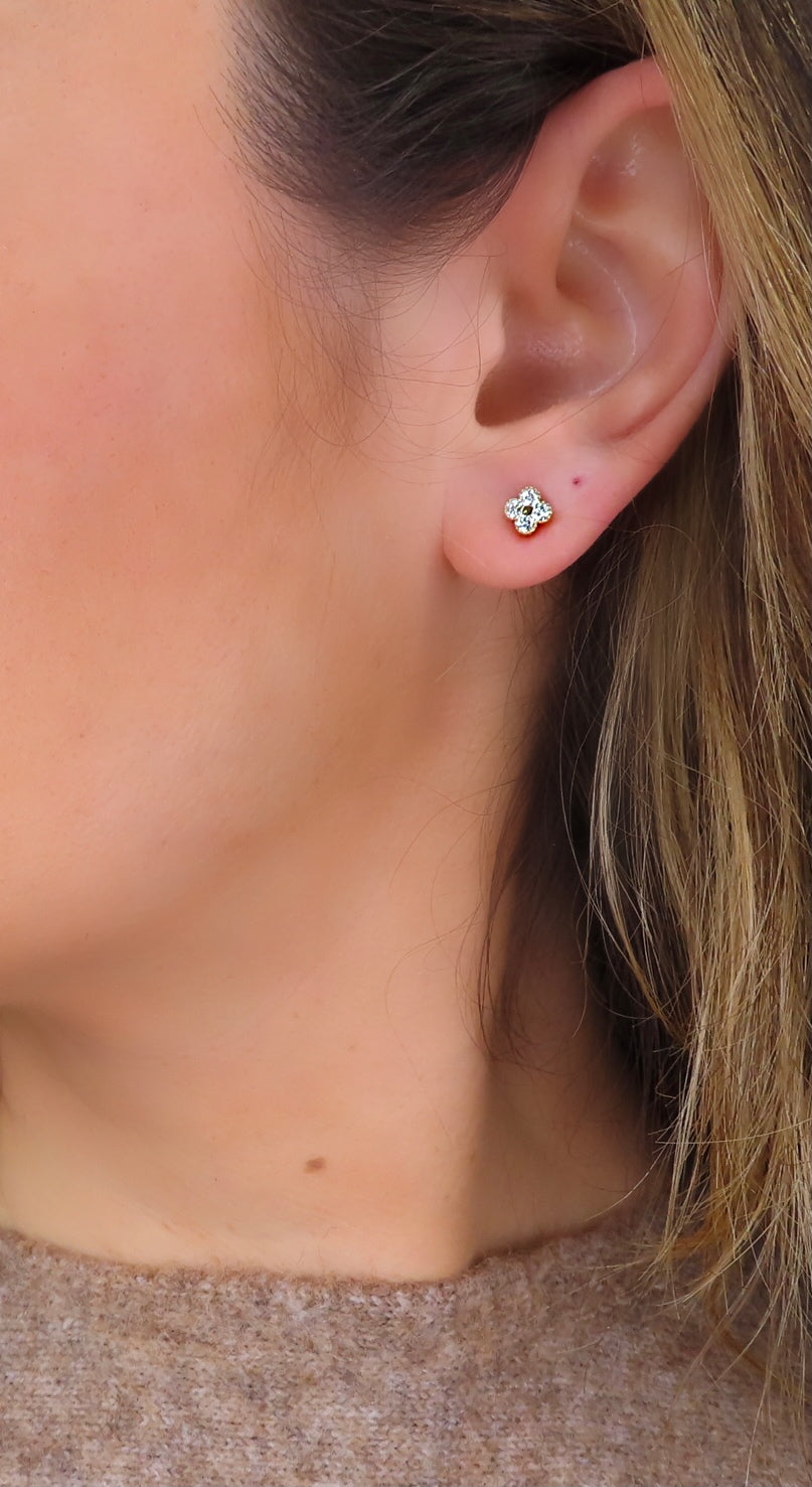 Four Leaf Clover Diamond Stud Earrings 14K Gold