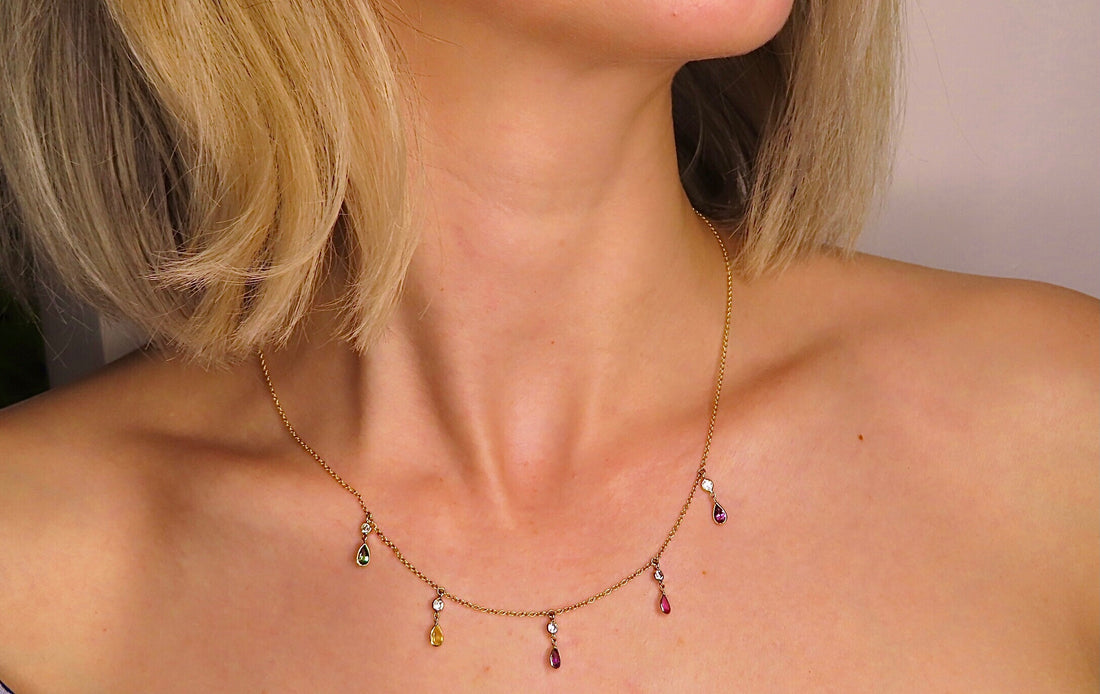 14K Multi Colored Sapphire Diamond Necklace