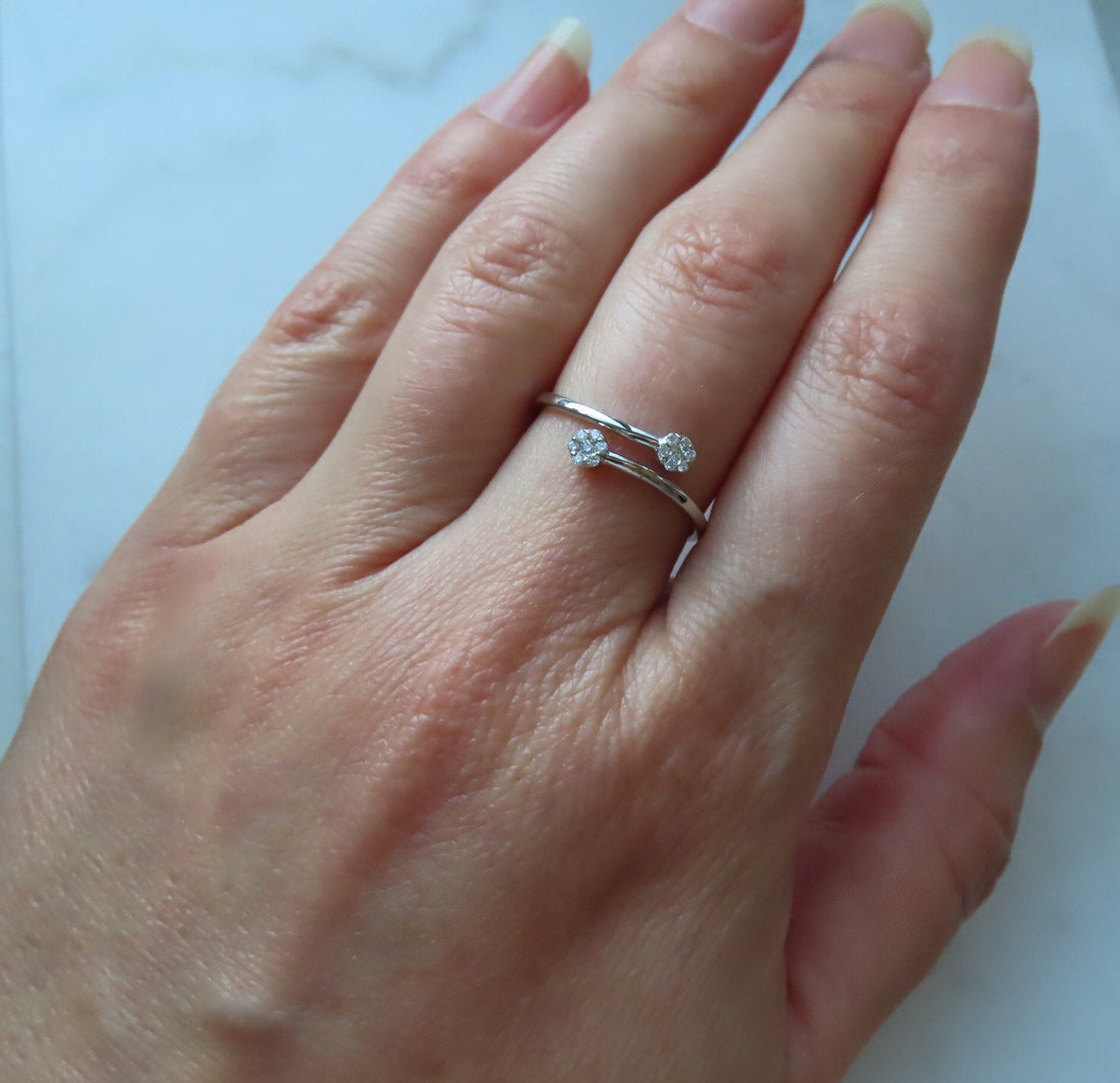 Diamond Flower Bypass Open Ring In 14K White Gold