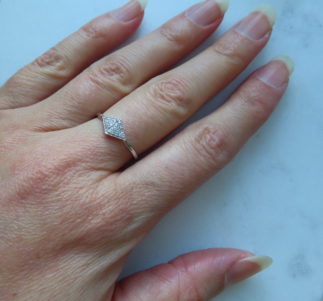 Kite Shaped Geometric Diamond Ring In 14K White Gold