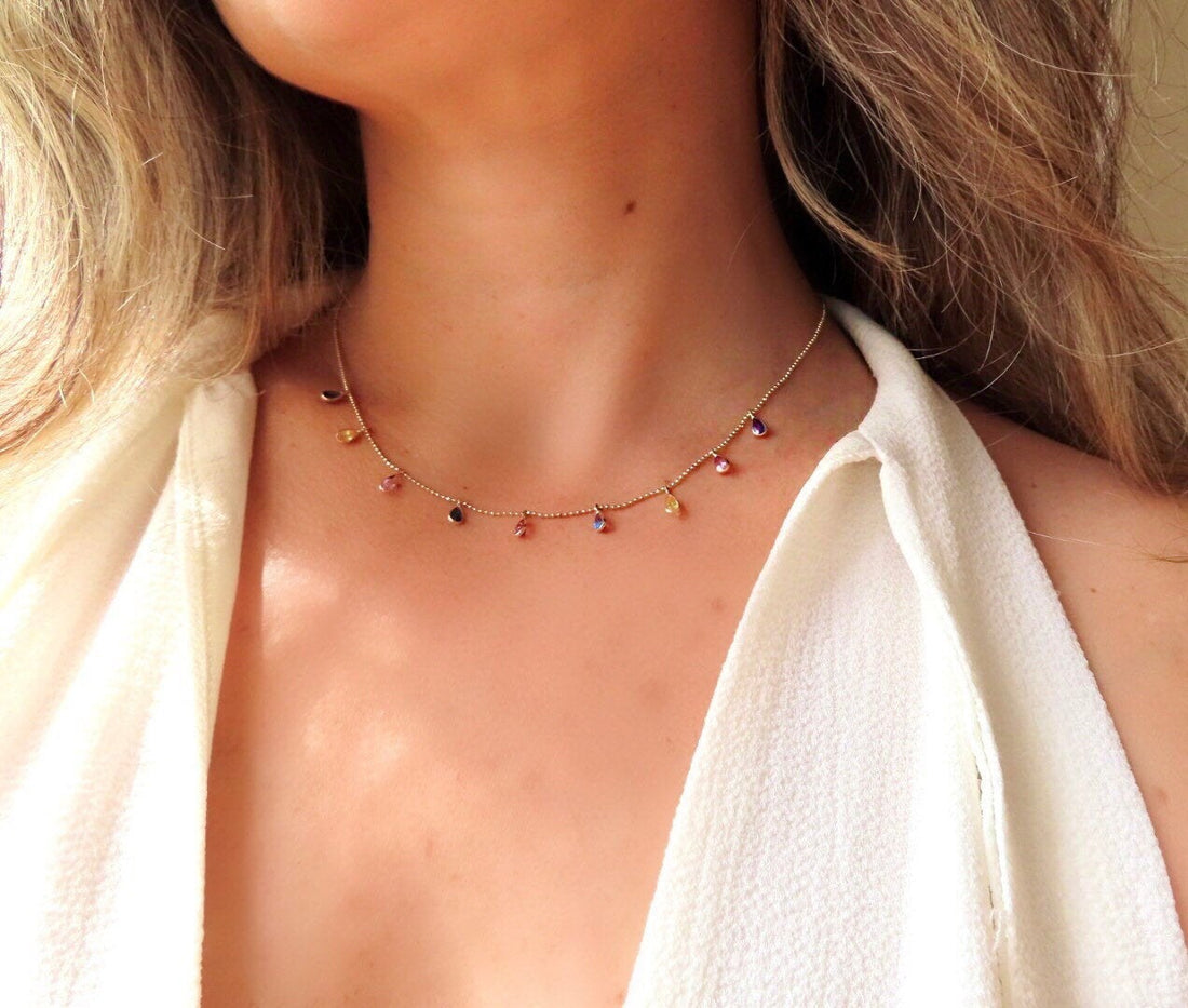 Multi Color Sapphire Dangle "Cleopatra" Necklace 14K Gold Length Adjustable